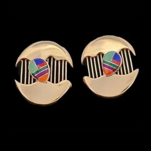 Estate 14k Yellow Gold Multi Gemstone Inlay Earrings Large 21.8 grams